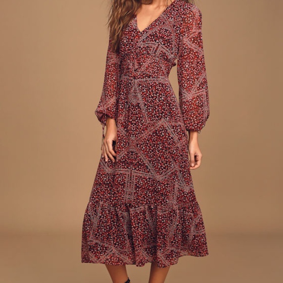 Lulus Wild Adventurer Red Floral Multi-print Long Sleeve Midi Dress - Size M - Picture 1 of 1